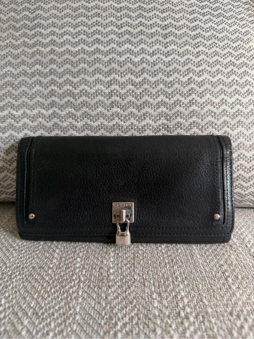 Celine Black Leather Continental Long Wallet Lock Charm Snap Closure